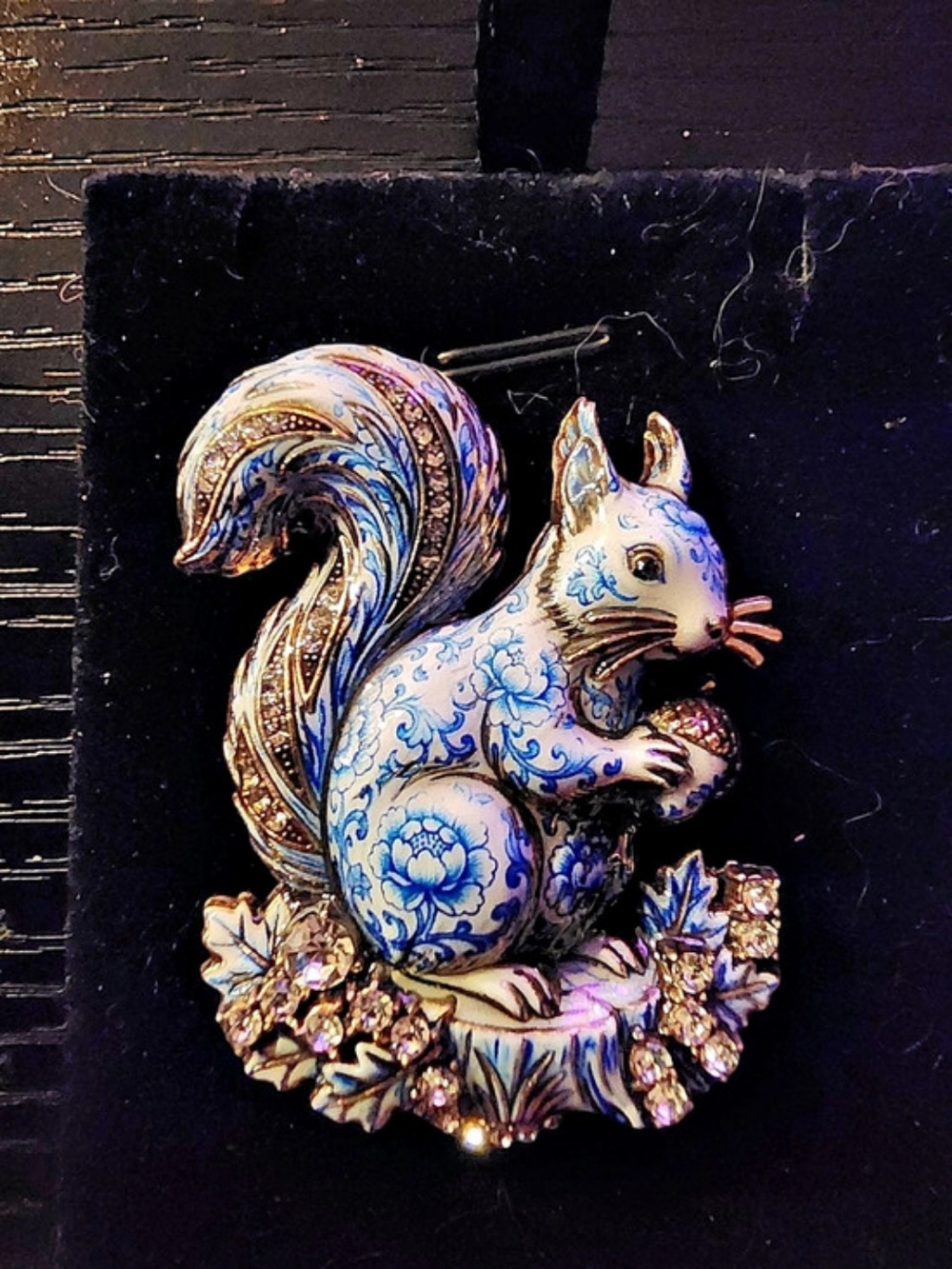 Blue & Gold Enamel Squirrel Brooch